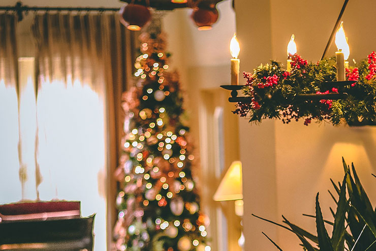 Thousands of Christmas ornaments adorn bar