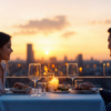dinner with a view, city, couple, romance