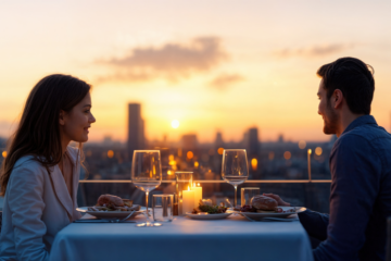 dinner with a view, city, couple, romance
